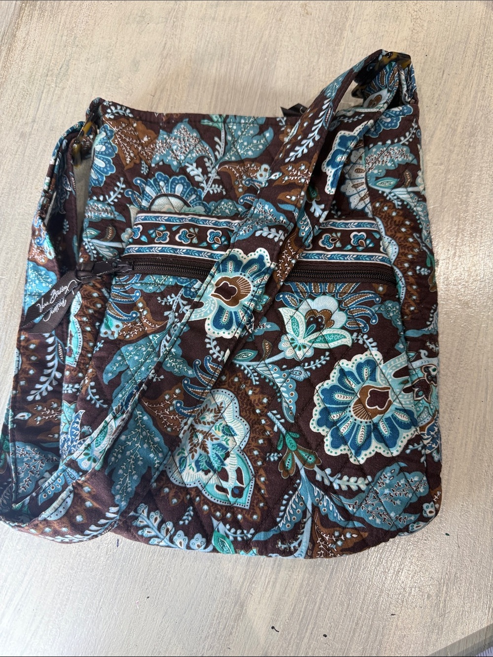 Vera Bradley Java Blue Brown and Teal Floral Quilted Crossbody Bag